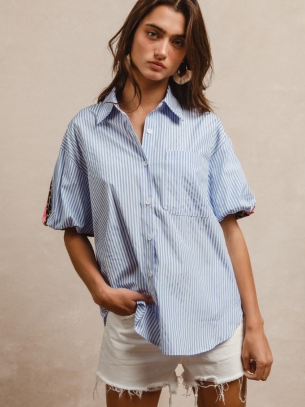 NWT Chambray Stripe Leopard Button Down Top - Picture 5 of 6